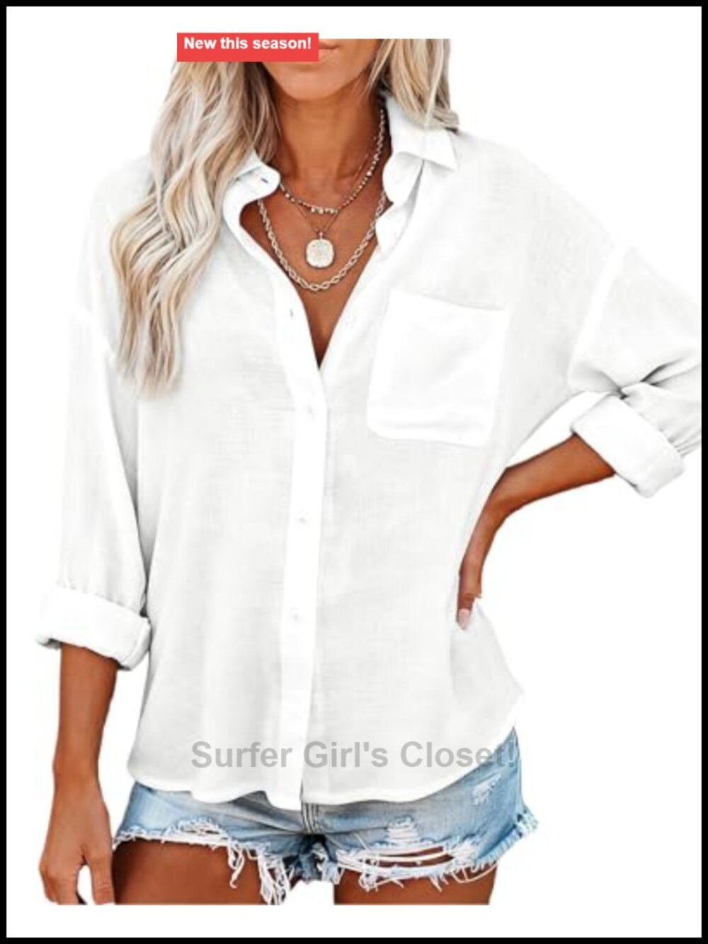 Women's 100% Cotton Button Down Shirt Long Sleeve Roll Up Loose Fit Blouse